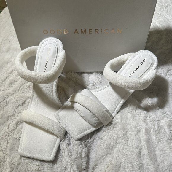 Good American White Terry Heels Size 11 Strappy 4" High Preppy Shoe Neutral Chic - Picture 3 of 11